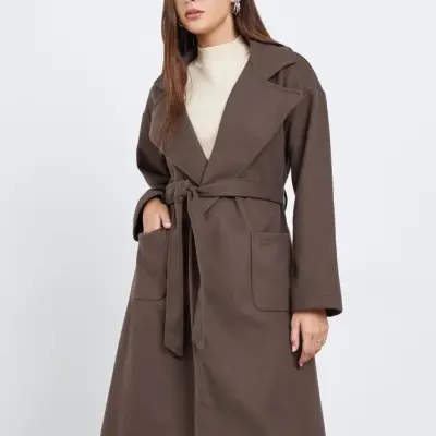 معطف ميدي بني بقصة عادية يشبه الصوف