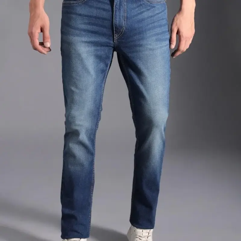 جينز رجالي مستقيم مدبب باللون النيلي - عصري وسهل