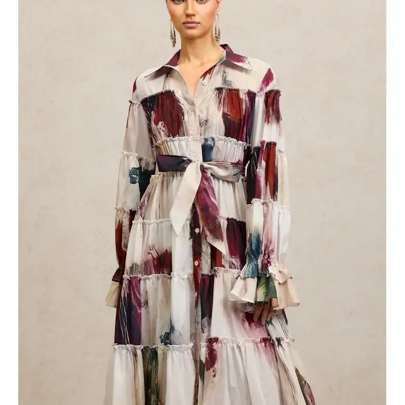 فستان رعنانا ماكسي مطبوع عليه زهور بأكمام طويلة وياقة دائرية